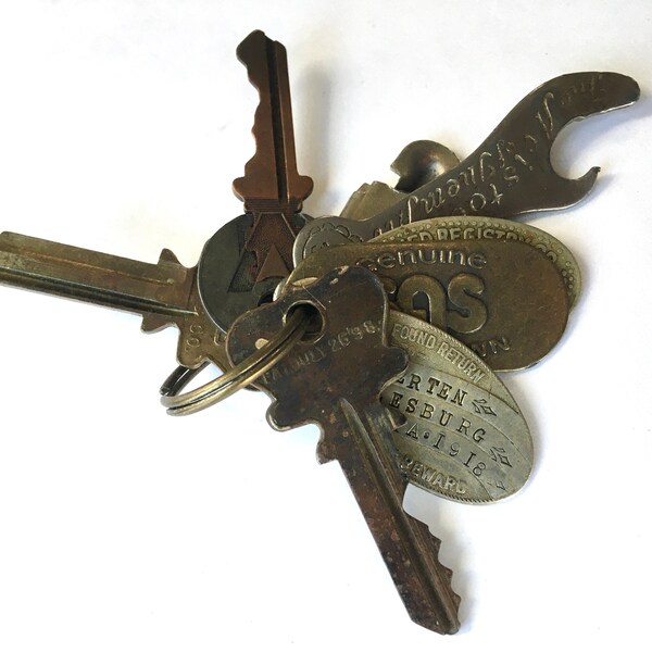 Pile of Antique Keys and Keychain Dated 1918