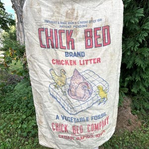 May include: A vintage beige burlap sack featuring the red and blue text CHICK BED BRAND CHICKEN LITTER, A VEGETABLE FOSSIL, CHICK BED COMPANY, CEDAR RAPIDS, IOWA. The graphic depicts a hen and two chicks on a grid pattern with patent details.