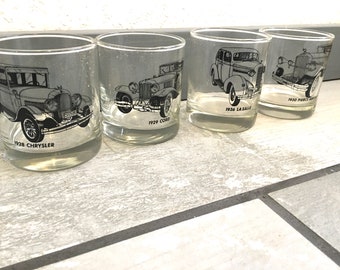 NOS Set of 4 Vintage High Ball Whiskey Glasses w Classic Cars