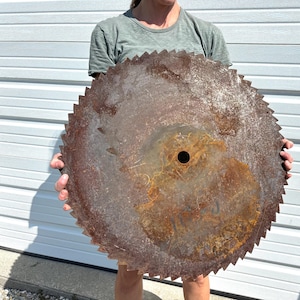 May include: A large, circular metal saw blade featuring a serrated edge with numerous sharp teeth. The surface of the blade displays a weathered, dark gray patina with significant patches of orange and brown rust, and a central circular hole.