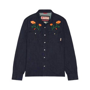 May include: Dark blue denim shirt with long sleeves and orange floral embroidery. The shirt has a button-down front, two chest pockets, and a classic collar. The shirt features the text "UNION OF DESIGN" on the label.