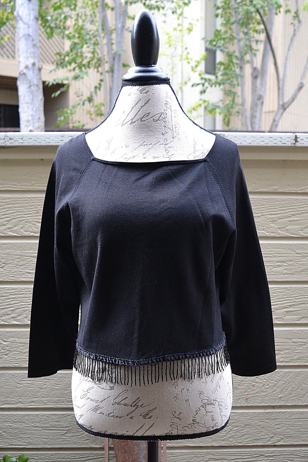 Black Josephine Chaus Long Sleeve Polyester Knit Crop Top With Bead Fringe Etsy
