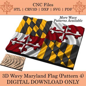 Może przedstawiać: Trójwymiarowy falisty wzór flagi Maryland w kolorze czerwonym, białym, żółtym i czarnym. Flaga ma falisty wzór i jest dostępna jako plik do pobrania w formatach STL, CRV3D, DXF, SVG i PDF. Dostępne są również inne wzory fal.