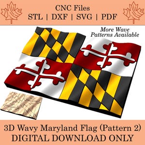 Może przedstawiać: 3D falista flaga stanu Maryland z kolorami i wzorem flagi stanowej. Flaga jest czerwona, biała, czarna i żółta. Obraz zawiera tekst "CNC Files STL | DXF | SVG | PDF" oraz "3D Wavy Maryland Flag (Pattern 2) DIGITAL DOWNLOAD ONLY."