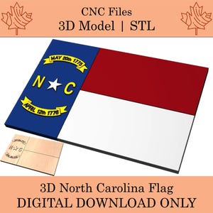 May include: A 3D model of the North Carolina flag, with a blue canton bearing the letters "N" and "C" and a star, and the dates "MAY 20th 1775" and "APRIL 12th 1776". The flag has a red and white field. The text "CNC Files 3D Model | STL" and "3D North Carolina Flag DIGITAL DOWNLOAD ONLY" are also present.