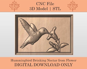 Kolibri som dricker nektar från blomma 3D-modell | STL | Relief | CNC-fil | Naturscen | Djur | Vildmarkslandskap