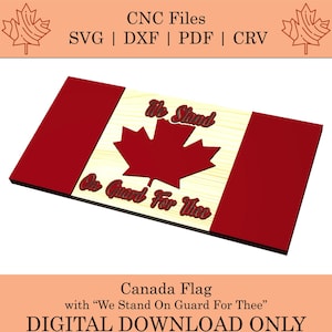 Puede incluir: Una descarga digital de un archivo CNC para una bandera canadiense con las palabras "We Stand On Guard For Thee" en letras rojas sobre un fondo de madera.