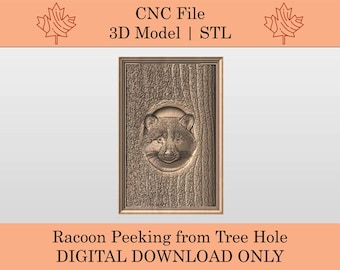 Racoon Peeking from Tree Hole 3D Model | STL | Relief | CNC File | Nature Scene | Animals | Wilderness Landscape