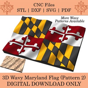 Może przedstawiać: 3D falista flaga stanu Maryland w kolorach czerwonym, białym, czarnym i żółtym. Obraz zawiera tekst "CNC Files STL | DXF | SVG | PDF" oraz "3D Wavy Maryland Flag (Pattern 2) DIGITAL DOWNLOAD ONLY."