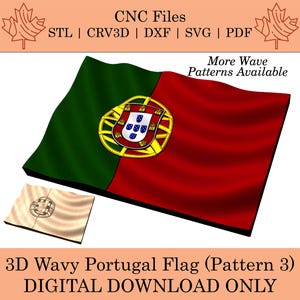 May include: A 3D digital download of a wavy Portugal flag in red, green, and yellow. The flag is in a 3D wave pattern. The image also shows a close-up of the flag's design, which includes the Portuguese coat of arms.