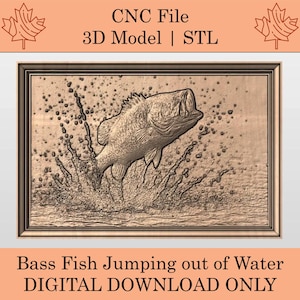 May include: A 3D model STL file for CNC carving of a bass fish jumping out of water. The fish is depicted in a realistic style with detailed scales and fins.