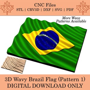 Puede incluir: Una descarga digital 3D de una bandera brasileña ondulada con las palabras "ORDEM E PROGRESSO" en el círculo azul del centro. La bandera es verde, amarilla y azul. El texto "3D Wavy Brazil Flag (Pattern 1) DIGITAL DOWNLOAD ONLY" está en la parte inferior de la imagen.