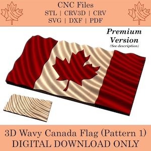 Puede incluir: Un diseño de bandera canadiense ondulada en 3D en rojo y blanco con una hoja de arce en el centro. La bandera está disponible para descargar digitalmente en los formatos STL, CRV3D, CRV, SVG, DXF y PDF.