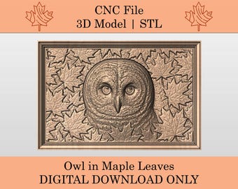 Owl in Maple Leaves 3D Model | STL | Relief | CNC File | Nature Scene | Animals | Wilderness Landscape