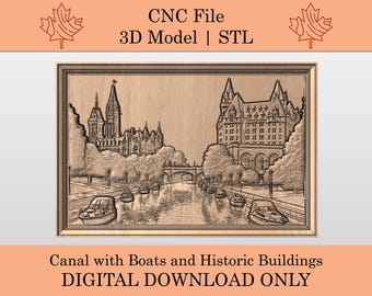 Canal with Boats and Historic Buildings 3D Model | STL | Relief | CNC File | Nature Scene | Animals | Wilderness Landscape | Ottawa Canada