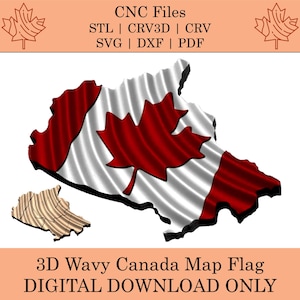 Puede incluir: Representación 3D de la bandera canadiense con diseño ondulado. Presenta una hoja de arce roja sobre fondo blanco, con bordes rojos. El texto incluye "CNC Files" y "3D Wavy Canada Map Flag DIGITAL DOWNLOAD ONLY".