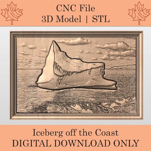 May include: A digitally rendered image of an iceberg in the ocean, framed in a wooden border. The image is a 3D model available as an STL file. Text at the top reads "CNC File 3D Model | STL" and at the bottom "Iceberg off the Coast DIGITAL DOWNLOAD ONLY."