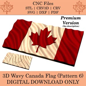 Puede incluir: Una descarga digital en 3D de una bandera canadiense ondulada con una hoja de arce roja sobre un fondo blanco. La bandera tiene un patrón ondulado en 3D. El texto "3D Wavy Canada Flag (Pattern 6)" y "DIGITAL DOWNLOAD ONLY" está en la parte inferior de la imagen.