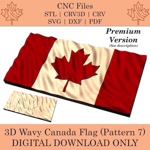 Puede incluir: Un diseño de bandera canadiense ondulada en 3D en rojo y blanco con una hoja de arce roja. La bandera está disponible para descargar digitalmente en los formatos STL, CRV3D, CRV, SVG, DXF y PDF.