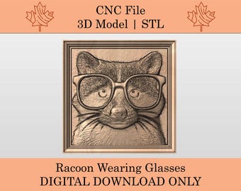 Racoon Wearing Glasses 3D Model | STL | Relief | CNC File | Nature Scene | Animals | Wilderness Landscape