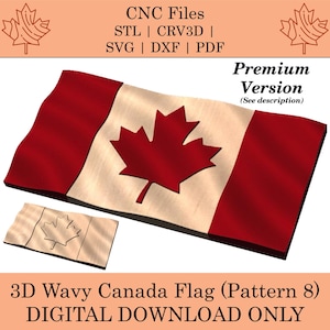 Puede incluir: Una descarga digital de un diseño de bandera canadiense ondulada en 3D en un esquema de color rojo y blanco. La bandera ondea al viento. El diseño está disponible en los formatos STL, CRV3D, SVG, DXF y PDF.