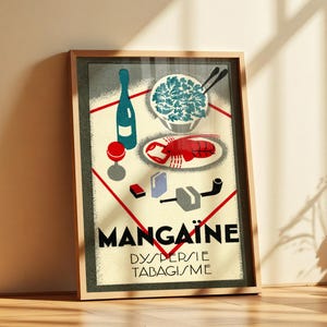 Französisches Essen & Wein Art Deco Plakat, Vintage Werbedruck, gewagtes Grafikdesign, klassische Illustration der 1920er Jahre, Wanddekoration
