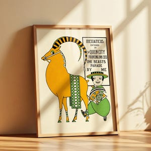 Poster vintage della Queen City USA Printing Ink Co., stampa artistica pubblicitaria retrò, design grafico audace, sfilata di Colorful Ink Beasts, merchandising americano