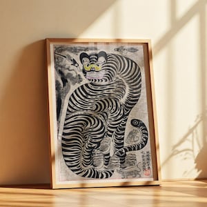 Traditionelle koreanische Volkskunst Tiger Poster, Vintage asiatische Wanddekoration, Joseon Dynastie Minhwa Druck, Restaurierung der koreanischen Malerei, orientalisches Dekor