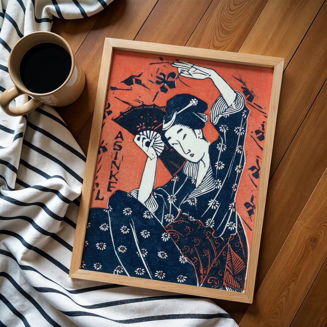 Vintage Japanese Woodblock Ukiyo-e Art Poster | Elegant Geisha With Fan ...