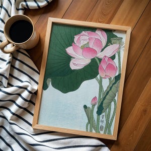 Japanese Pink Lotus Woodblock Art Print by Ohara Koson - Elegant Home Decor, Vintage Japanese Artwork