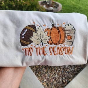 Fall Tis The Season Embroidered Sweatshirt, Pumpkin Spice Latte Shirt, Touchdown Football, Autumn Cozy Crewneck, Thanksgiving Gift for Her
