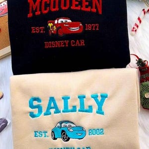 Retro McQueen And Sally Cars Embroidered Sweatshirt, Cartoon Cars Couple Movie Crewneck Shirt, Cartoon Hoodie, Gift For Him, Gift For Her