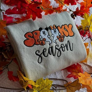 Spooky Season Embroidered Sweatshirt, Mickey Minnie Cute Ghost Pumpkin Halloween Crewneck Hoodie, Fall Disney Inspired, Halloween Shirt