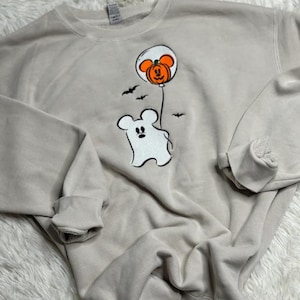 Disney Mickey Ghost Pumpkin Balloon Embroidered Halloween Sweatshirt, Mickey Ghost Shirt, Cozy Fall Crewneck, Spooky Disney Halloween Hoodie