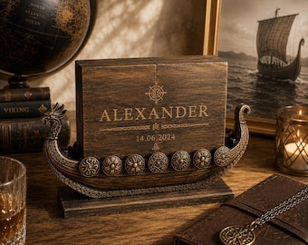 Urna funeraria vikinga para cenizas humanas, caja conmemorativa de madera Drakkar, ataúd de cremación tallado a mano.