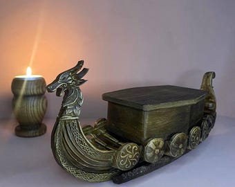 Vikingschip-urn voor as – Handgemaakte houten crematiedoos – Gesneden Drakkar-aandenken