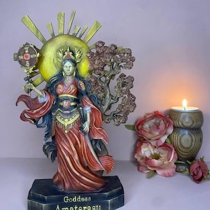 Amaterasu Statue: Japanese Sun Goddess Figure Wood Carving Okami