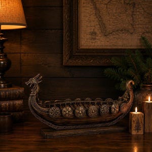 Viking Longship Statue Wooden Drakkar Model Brown Norse Ship Pagan Altar Decor Dragon Boat