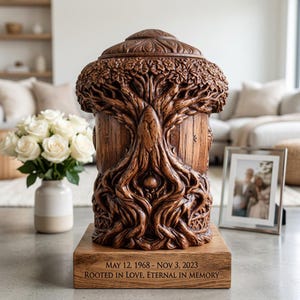 May include: A brown wooden cremation urn featuring a detailed relief carving of a tree with sprawling roots and a leafy canopy. The urn sits on a rectangular wooden base engraved with the text: MAY 12, 1968 - NOV 3, 2023 ROOTED IN LOVE, ETERNAL IN MEMORY.