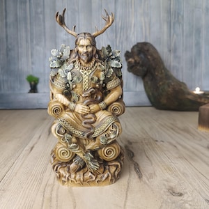 Cernunnos Wooden Statue, Horned God Celtic,Pagan Altar Idol,Druid Mythology Figurine, Wiccan
