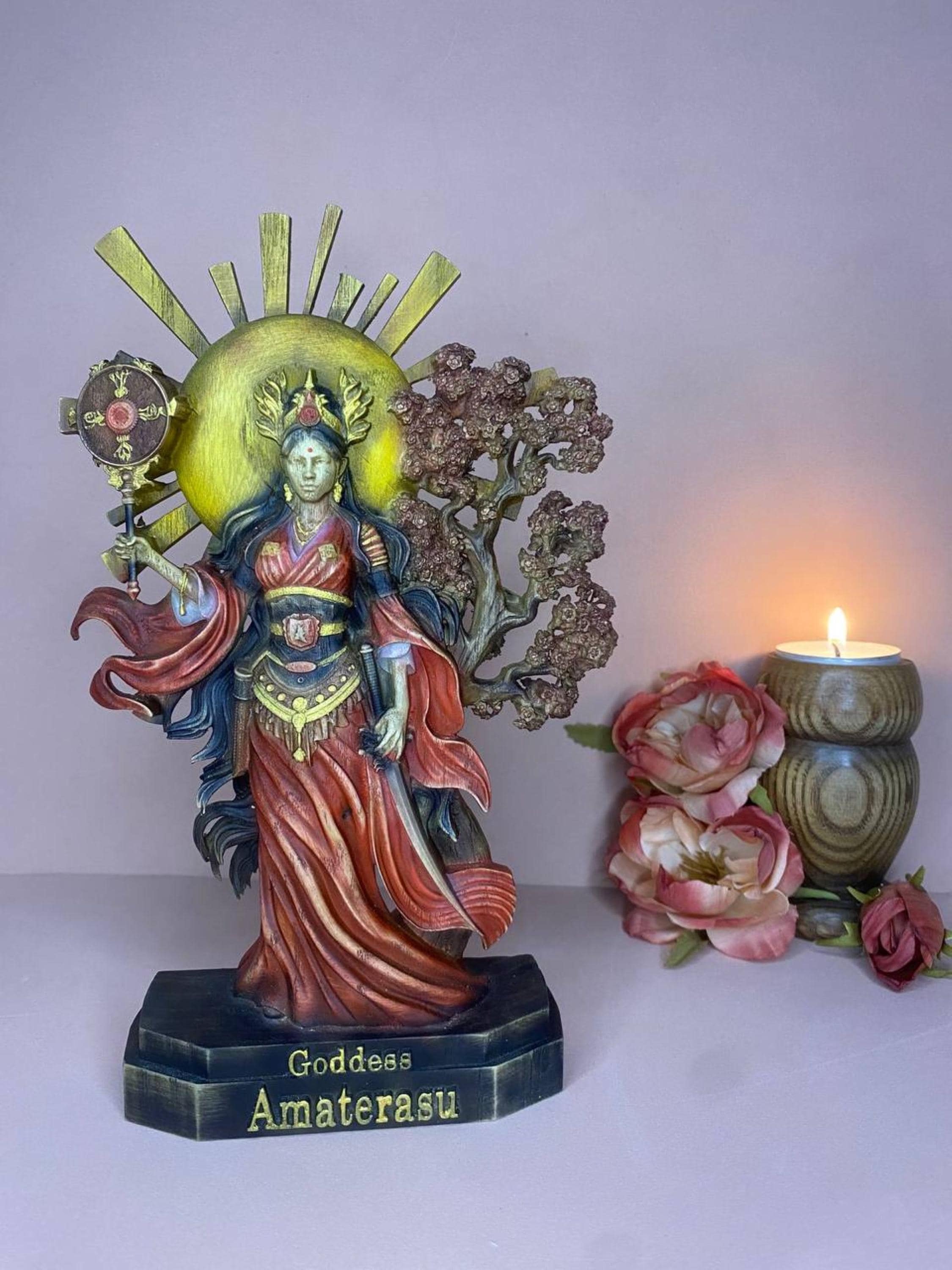 Amaterasu Wood Gods Statue: Japanese Sun Goddess Figure Wood