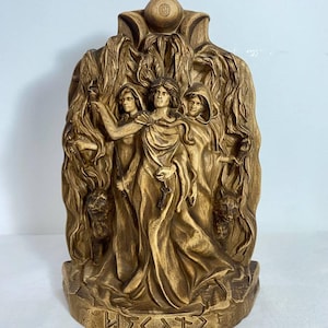 Triple Moon Hecate Statue: Wooden Greek Goddess Altar Decor