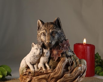 Wolf Statue: She-Wolf & Cubs Carving, Woodland Decor Wood Carved Wolf Figurines