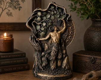 Pan Wooden Statue, Greek God of Nature Wood Carving, Satyr Faunus Altar Idol