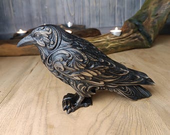 Norse Mythology Raven Wooden Figurine, Celtic Knot Wood Carving, Pagan Altar Decor