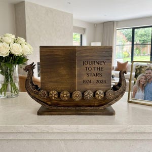 Viking Longship Urn for Human Ashes Wooden Drakkar Memorial Box Hand Carved Cremation Casket