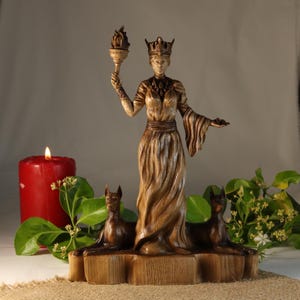 Hecate Statue: Greek Goddess with Dogs, Pagan Altar Decor Carved Wooden