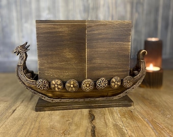 Viking Longship Urn for Human Ashes Wooden Drakkar Memorial Box Hand Carved Cremation Casket