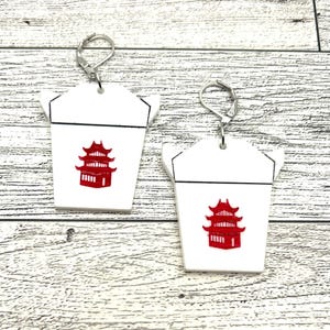 Chinese Takeout Earrings – Hand Painted Acrylic Food Jewelry – Red Pagoda Dangle Earrings – Kawaii Statement Gift for Foodie