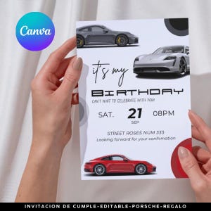 Invitación Porsche de Cumpleaños Editable en Canva: Plantilla Digital para Amantes de Autos Deportivos, Regalo para el